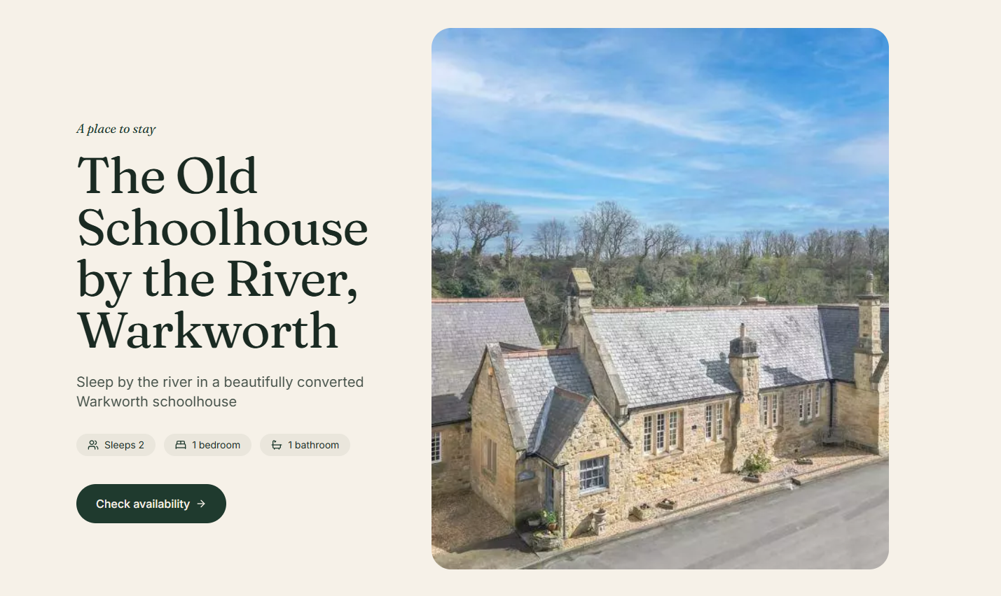The Old Schoolhouse by the River direct booking website screenshot