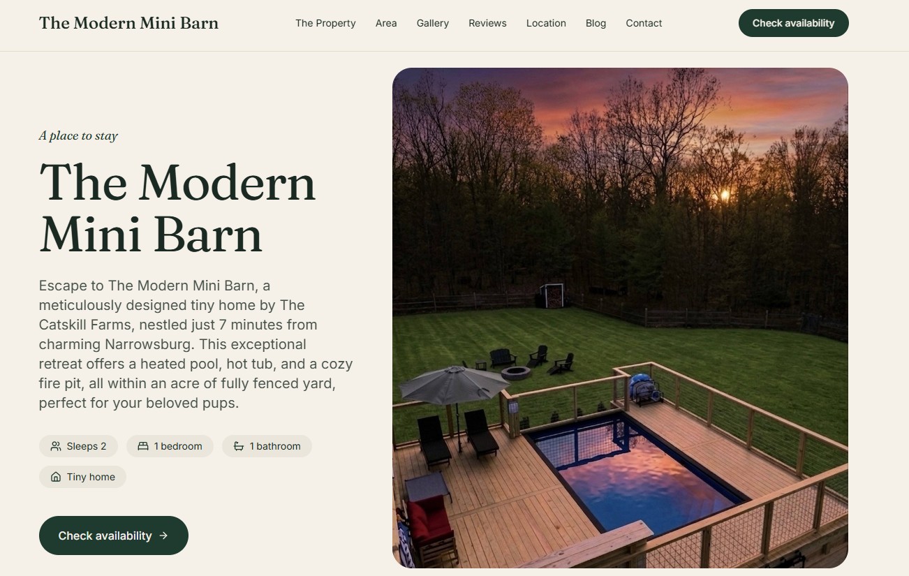 The Modern Mini Barn direct booking website screenshot
