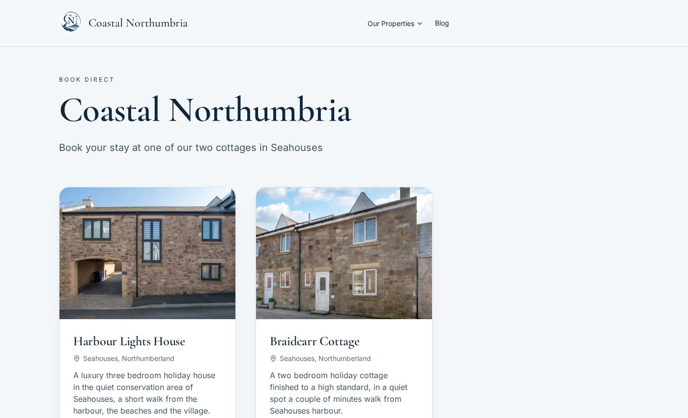 Coastal Northumbria direct booking website screenshot